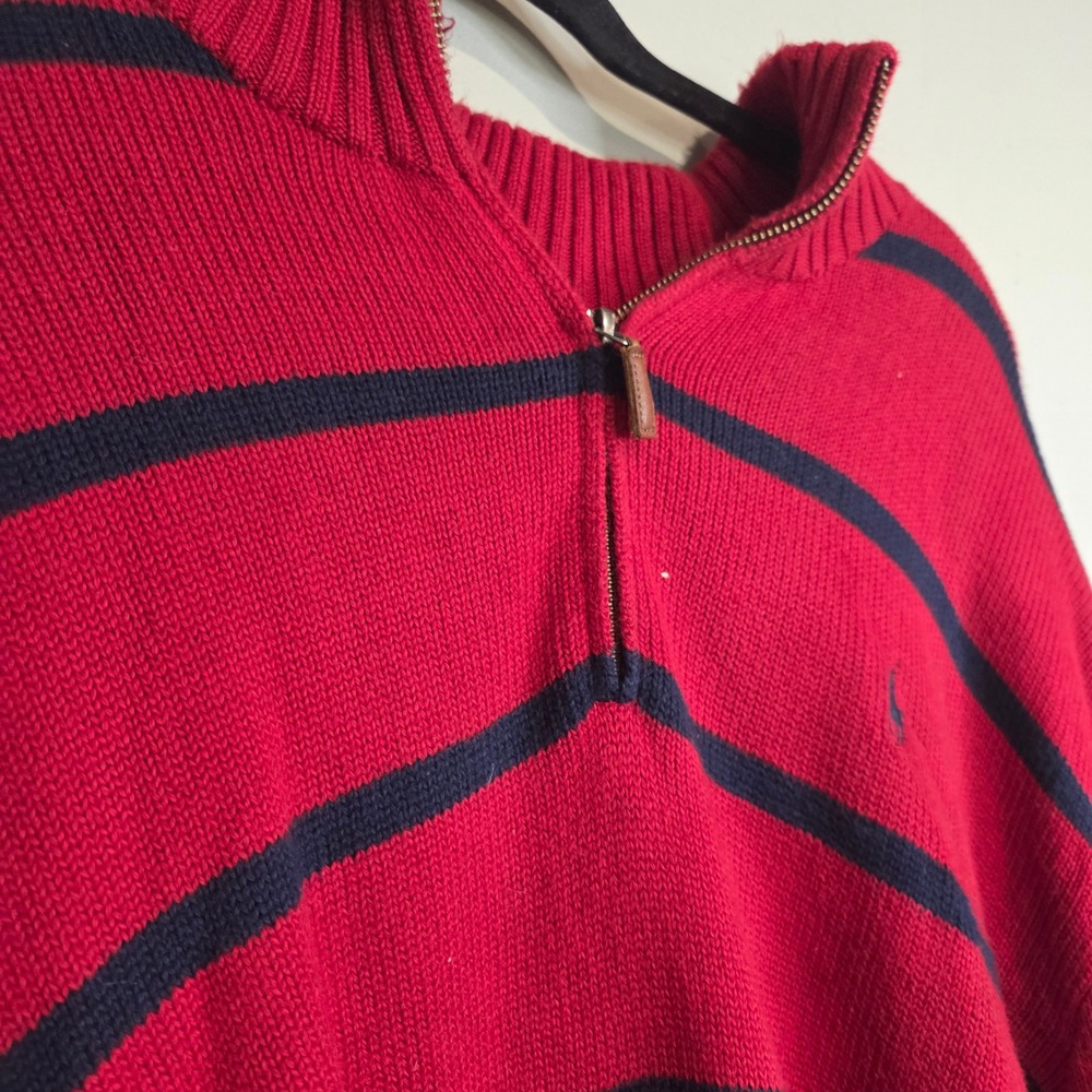 Old Money Polo Ralph Lauren Striped Quarter Zip‎ Pullover Sweater Mens XL Red